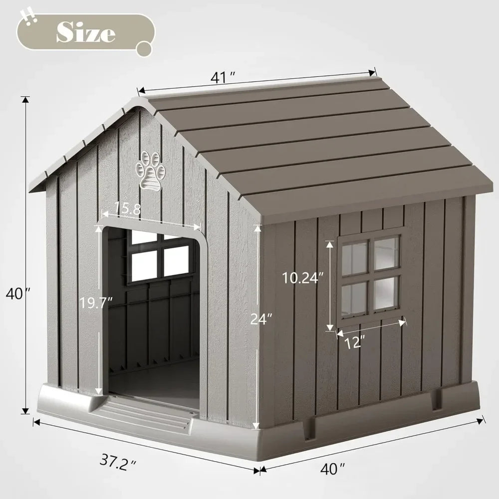 Large Dog House Outdoor, Durable Plastic Waterproof Indoor Doghouse with Air Vents and Elevated Floor for Small Medium Large Dog