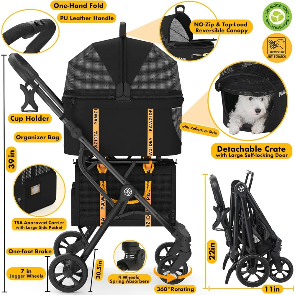 Double Pet Stroller with 2 Detachable Carriers, Portable Dog Crate for Car Travel & TSA-Approved Expandable Cat Carrier