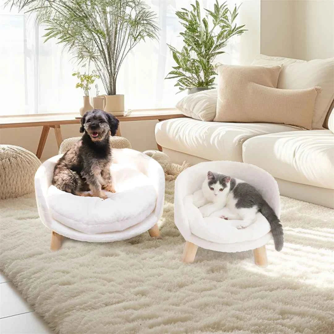 Luxury Soft Warm Plush Cat Bed Nesting Chair with Wood Legs Washable Waterproof Cushion Pad Pet Bed for Small Animals