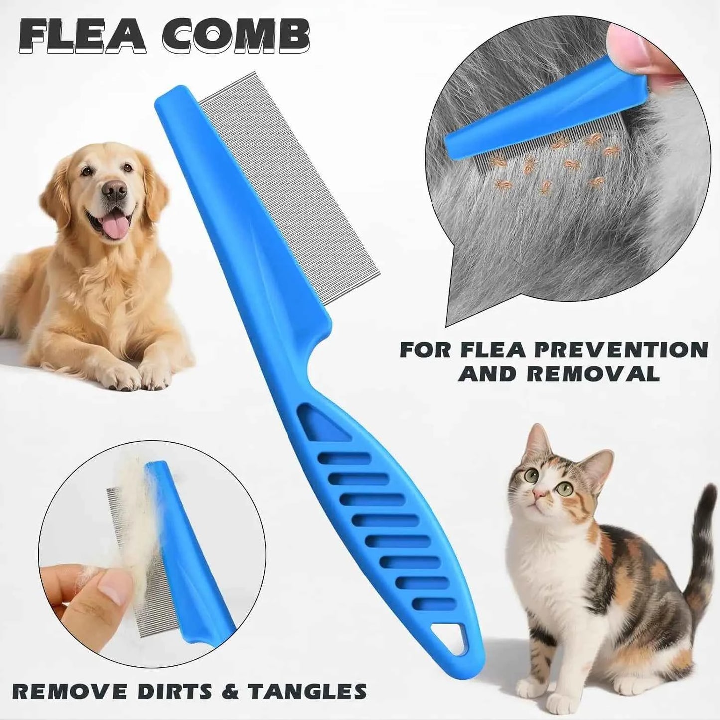 3PC Pet Grooming Kit: Rake, Comb & Flea Comb for Dogs Cats, Double-Sided Dematting Brush, Removes Tangles & Loose Hair (Blue)