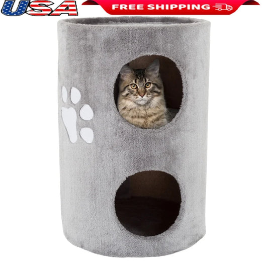 2-Story Cat Condo Double-Hole Space-Saving Scratching Tree Multi-Entrance Lightweight Pet Furniture Indoor Compact Assembled