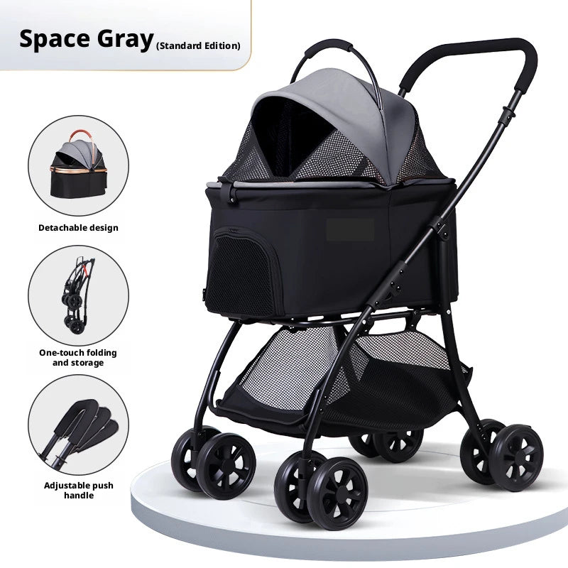 Pet Stroller 2-in-1 Detachable with Removable Lightweight Carrier Basket One-Click Fold 4-Wheel Dog Cat Trolley Breathable Mesh Windows Large Storage Space for Small Medium Pets