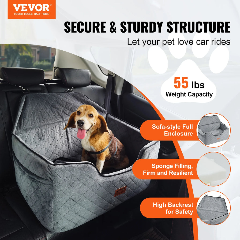 VEVOR Dog Car Seat Dog Booster Seat for Car with A Storage Pocket Sponge Filling Car Bed for Medium Large Dog up to 55 lbs Gray
