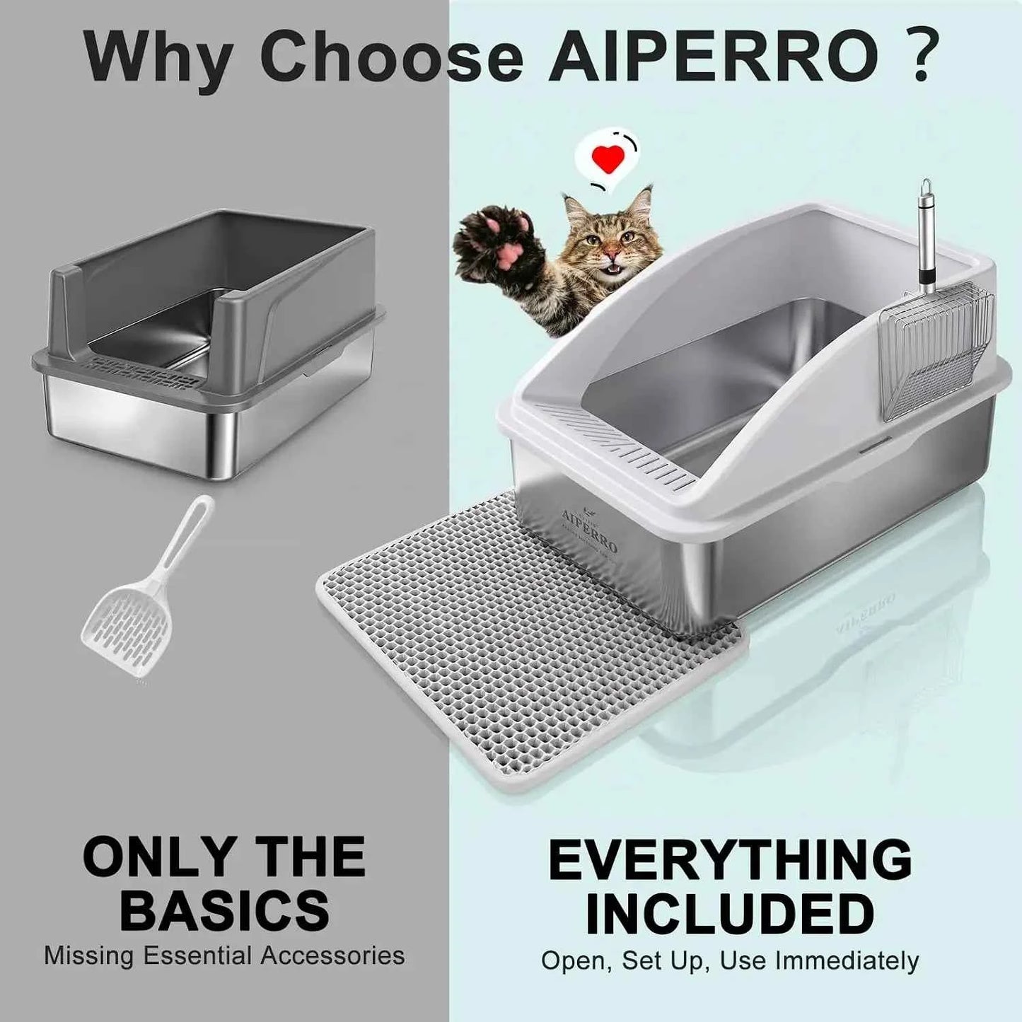 XL Stainless Steel Enclosed Cat Litter Box with Lid, High Sided Anti-Urine Leakage, Non-Stick Bottom, Includes Mat & Metal Scoop