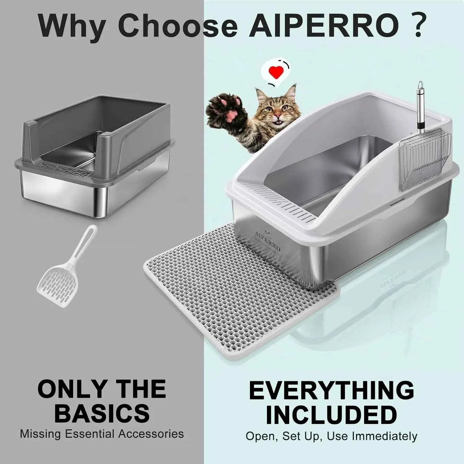 XL Stainless Steel Enclosed Cat Litter Box with Lid, High Sided Anti-Urine Leakage, Non-Stick Bottom, Includes Mat & Metal Scoop