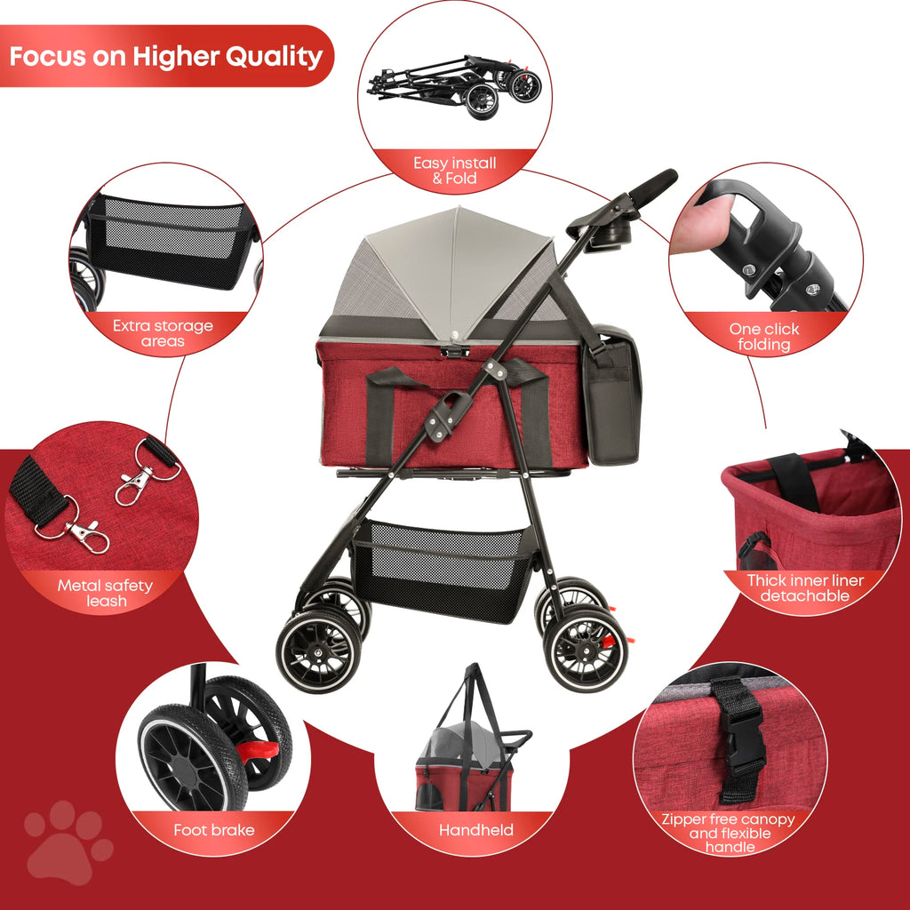 Chihuahua 2-In-1 Foldable 4-Wheel Pet Stroller With Detachable Carrier
