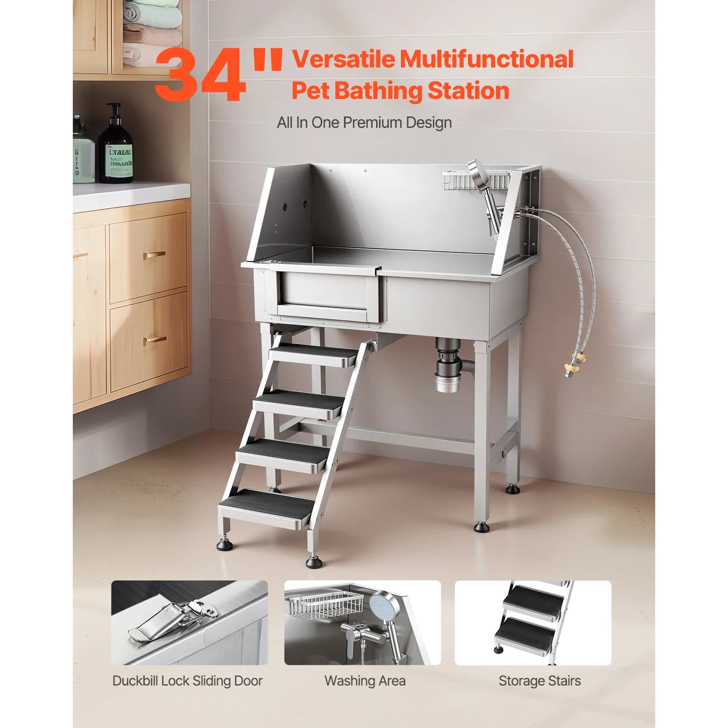 SucceBuy 34" Dog Washing Station Stainless Steel Dog Wash Sink with Shower Faucet Soap Holder Non-Slip Stairs Easy-Clean Design