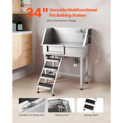 SucceBuy 34" Dog Washing Station Stainless Steel Dog Wash Sink with Shower Faucet Soap Holder Non-Slip Stairs Easy-Clean Design