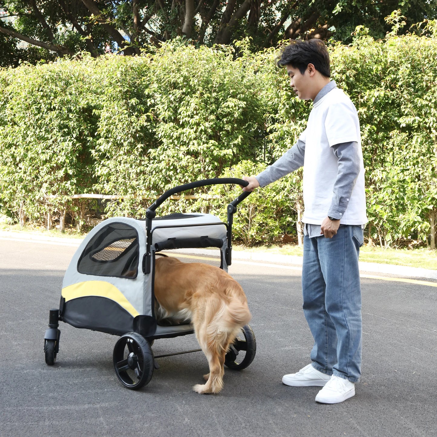 Portable 4Wheel Foldable Dog Stroller For Large Dogs Breathable Carrier
