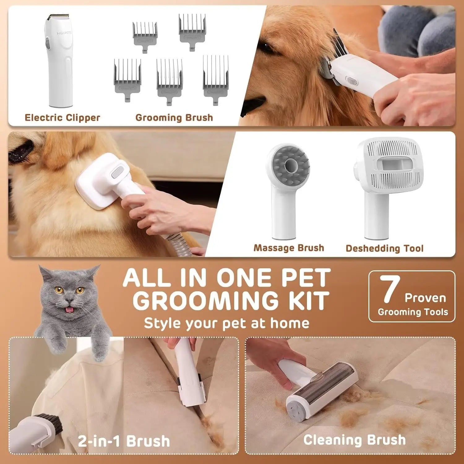 Pet Grooming Vacuum Kit With 7 Tools For Home Shedding