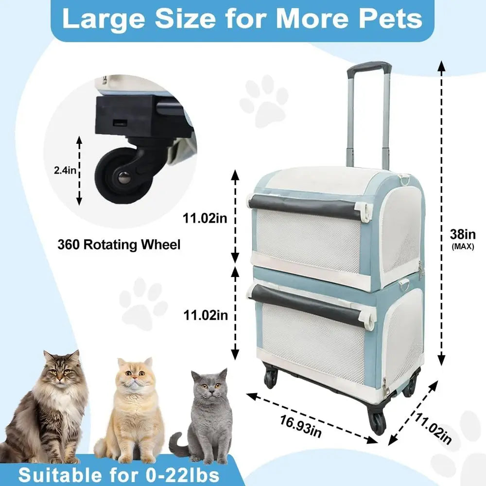 Wheeled Double Cat Carrier & Pet Stroller, 3-in-1 Removable Trolley Bag for Small Dogs & Puppies, Portable Large Pet Carrier Bac