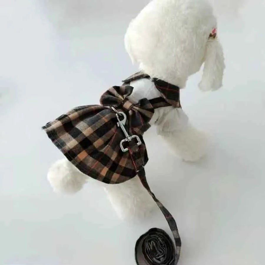 Adorable Plaid Dog Dress With Bowknot Adjustable Leash For Pets