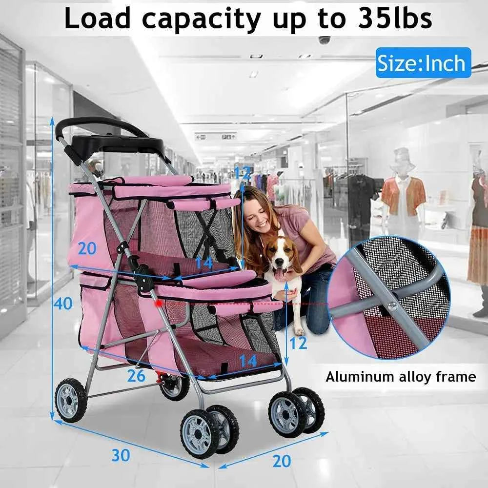 Double Pet Stroller or Small Medium Dogs, 4 Wheels olding Travel Carrier Cage with Cup Holder or 2 De Puppy Or Two Kitty, Pink
