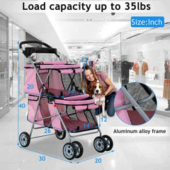 Double Pet Stroller or Small Medium Dogs, 4 Wheels olding Travel Carrier Cage with Cup Holder or 2 De Puppy Or Two Kitty, Pink