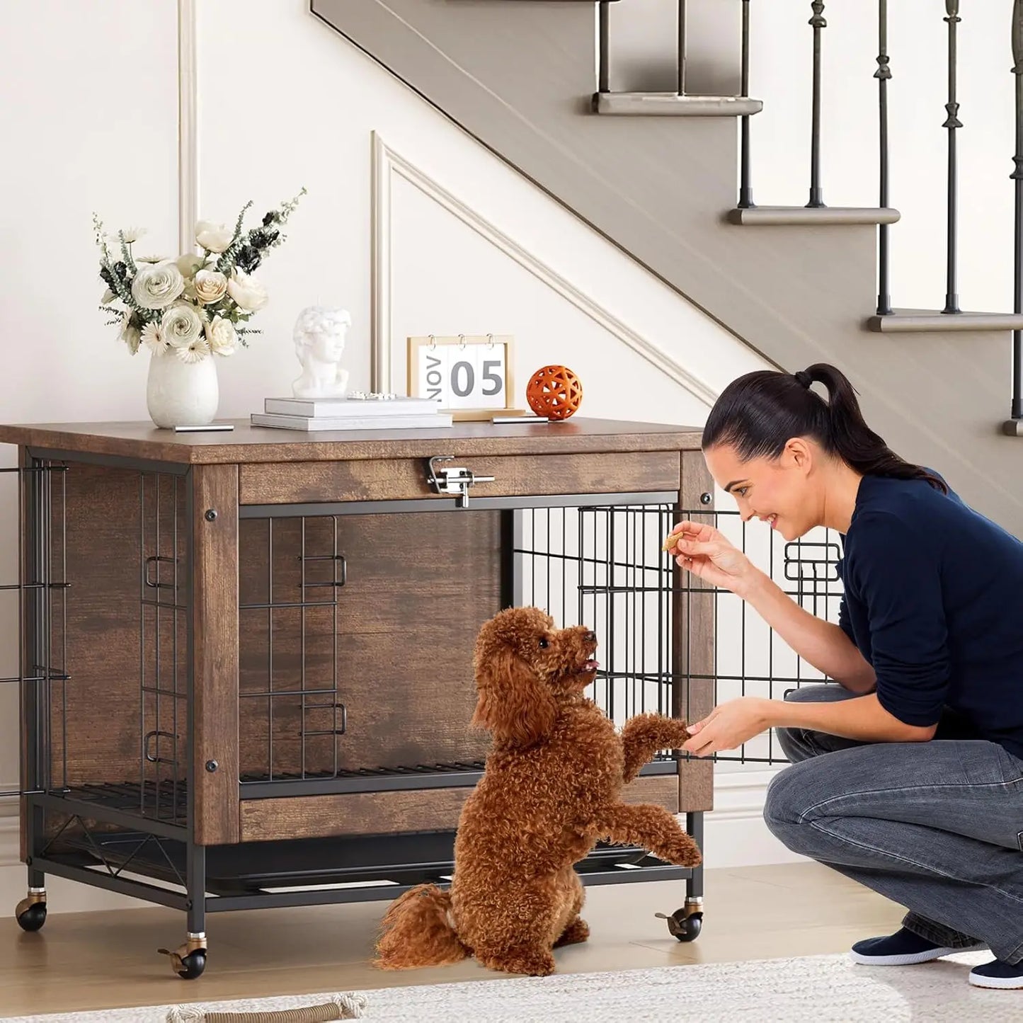 TWISTER.CK Dog Crate Furniture Double-Door Kennel with Wheels Removable Tray