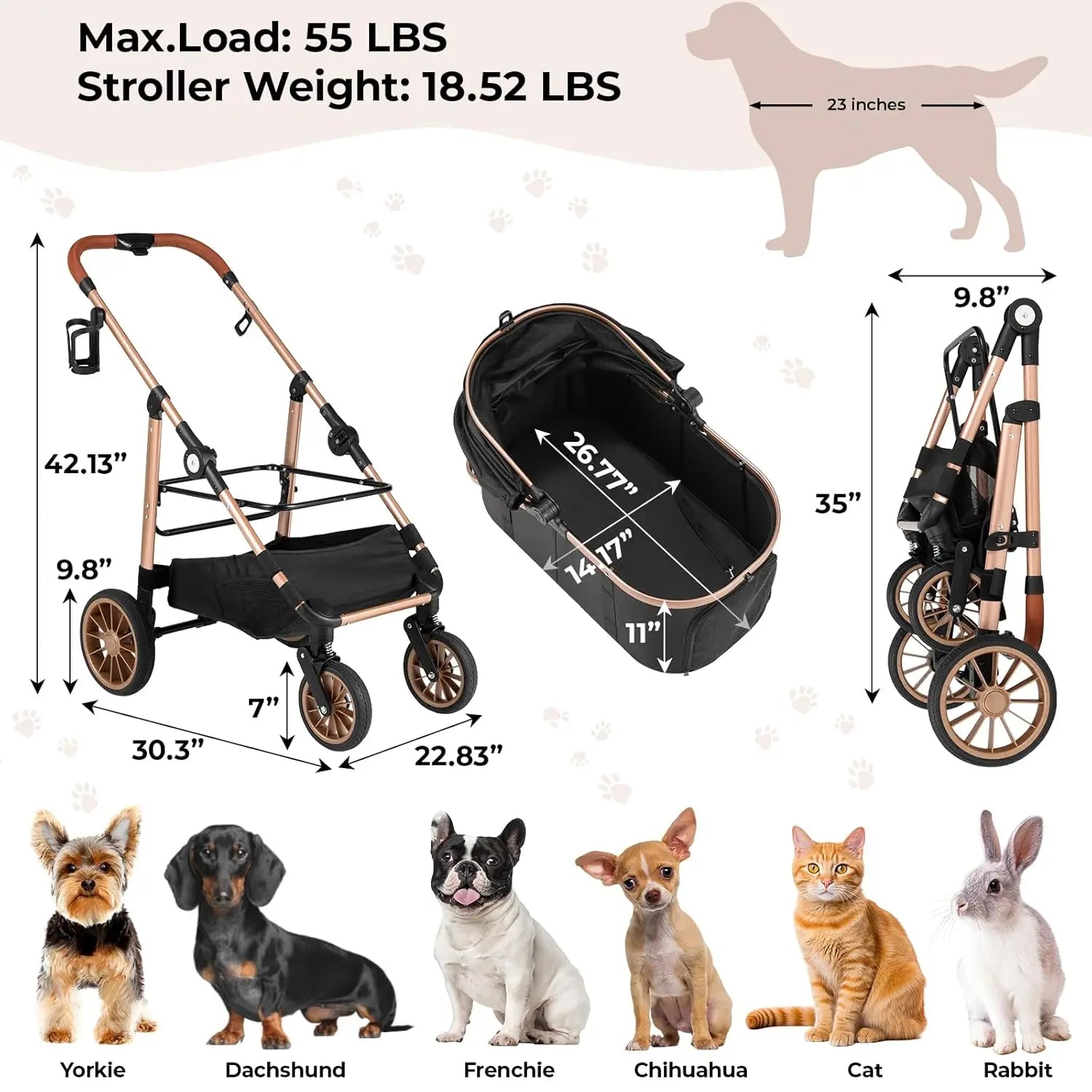 Foldable Dual Cat And Dog Stroller With 360 Degree Wheels