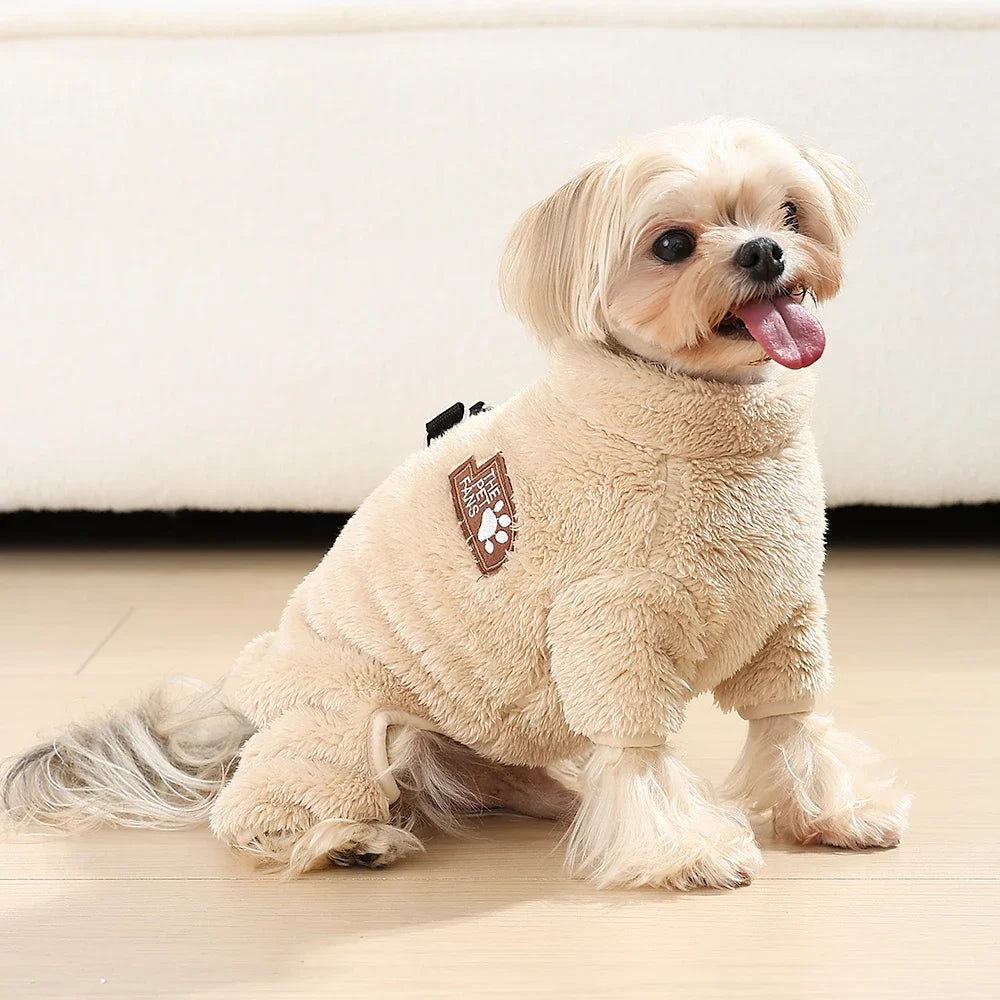 Soft Fleece Dog Clothes Winter Four Legs Covered  Plush Pet Coat Zipper Jacket Autumn Overall For Small Middle Dog
