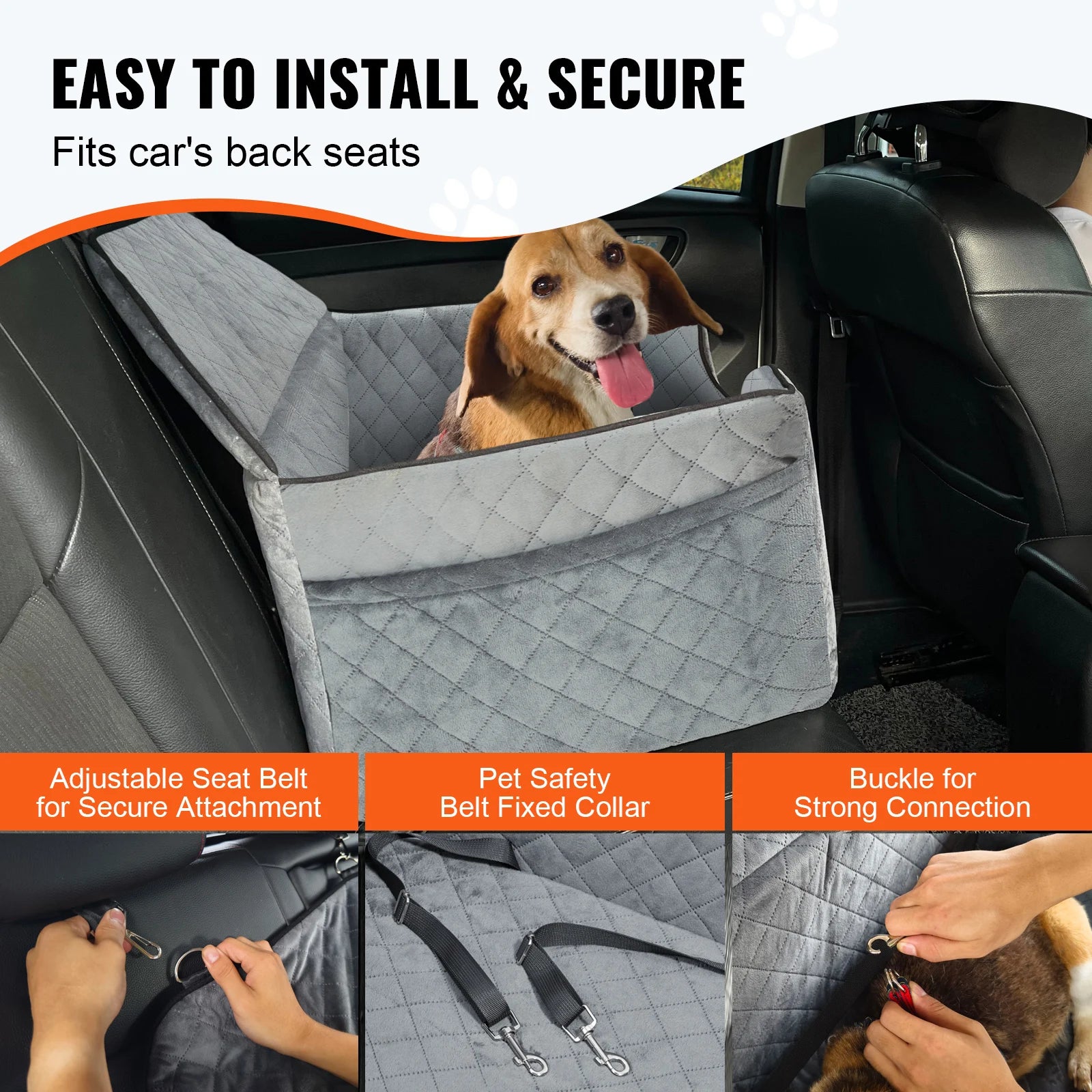VEVOR Dog Car Seat Dog Booster Seat for Car with A Storage Pocket Sponge Filling Car Bed for Medium Large Dog up to 55 lbs Gray