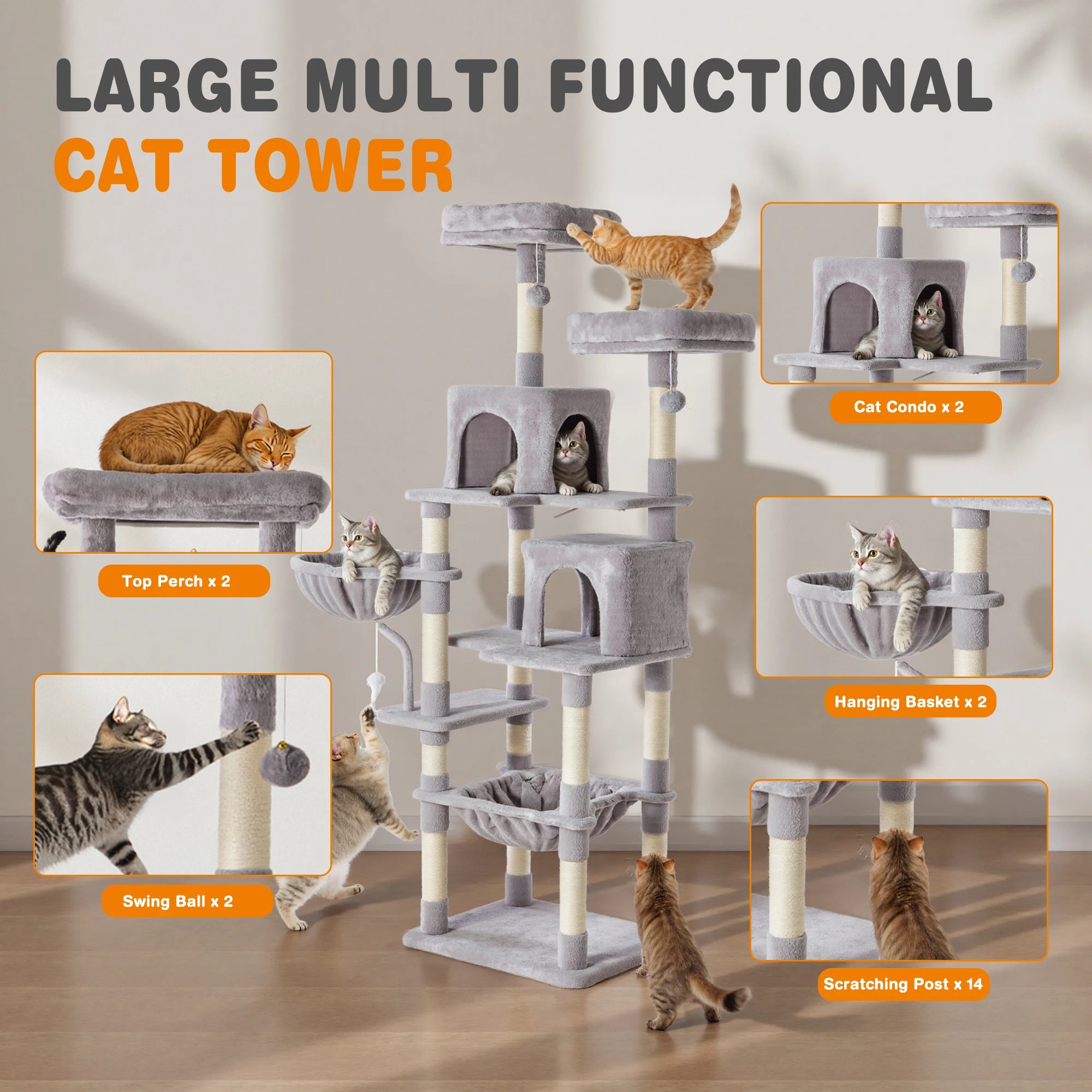 JHK 71In Cat Tree Tall Multi-Cat Climbing Tower for Pet Furniture Natural Sisal Scratching Posts Stable Pet House for Indoor Cat