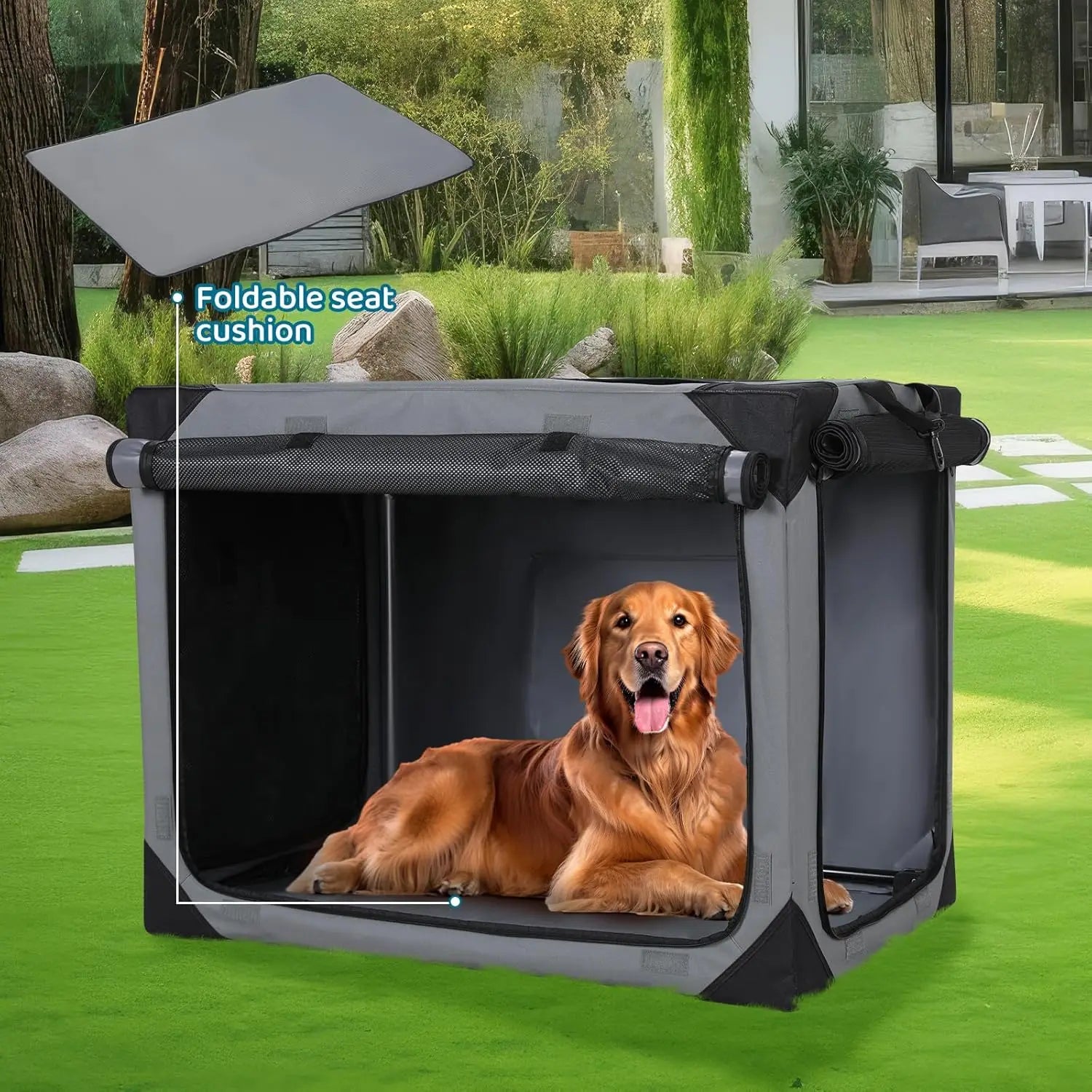 Collapsible Dog Crate, 36/42" Outdoor Travel Dog Crate, Portable Fabric Cover Kennel by Iron Pipe Dog Crate w/4 Mesh Windows