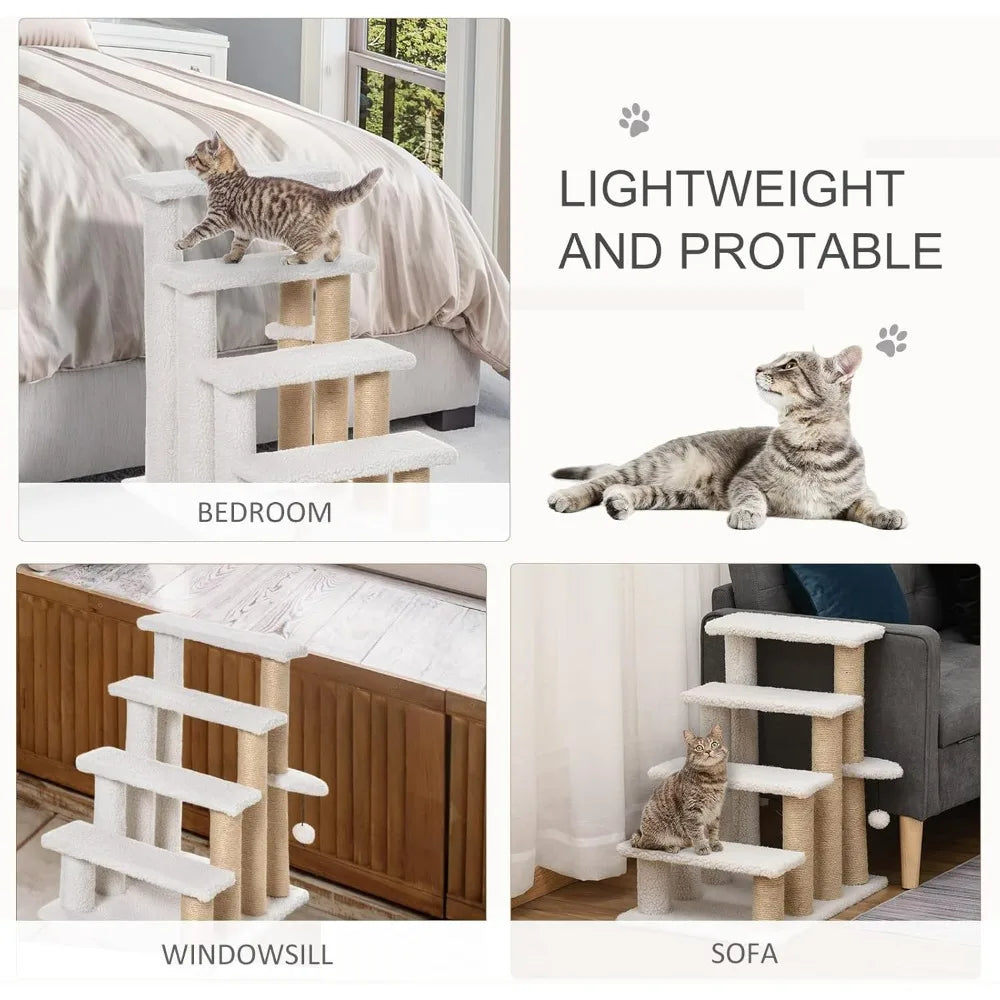Cat Steps, Pet Stairs Carpeted Ladder, Kitten Tree Climber with Scratching Posts, Hanging Play Ball, Side Step