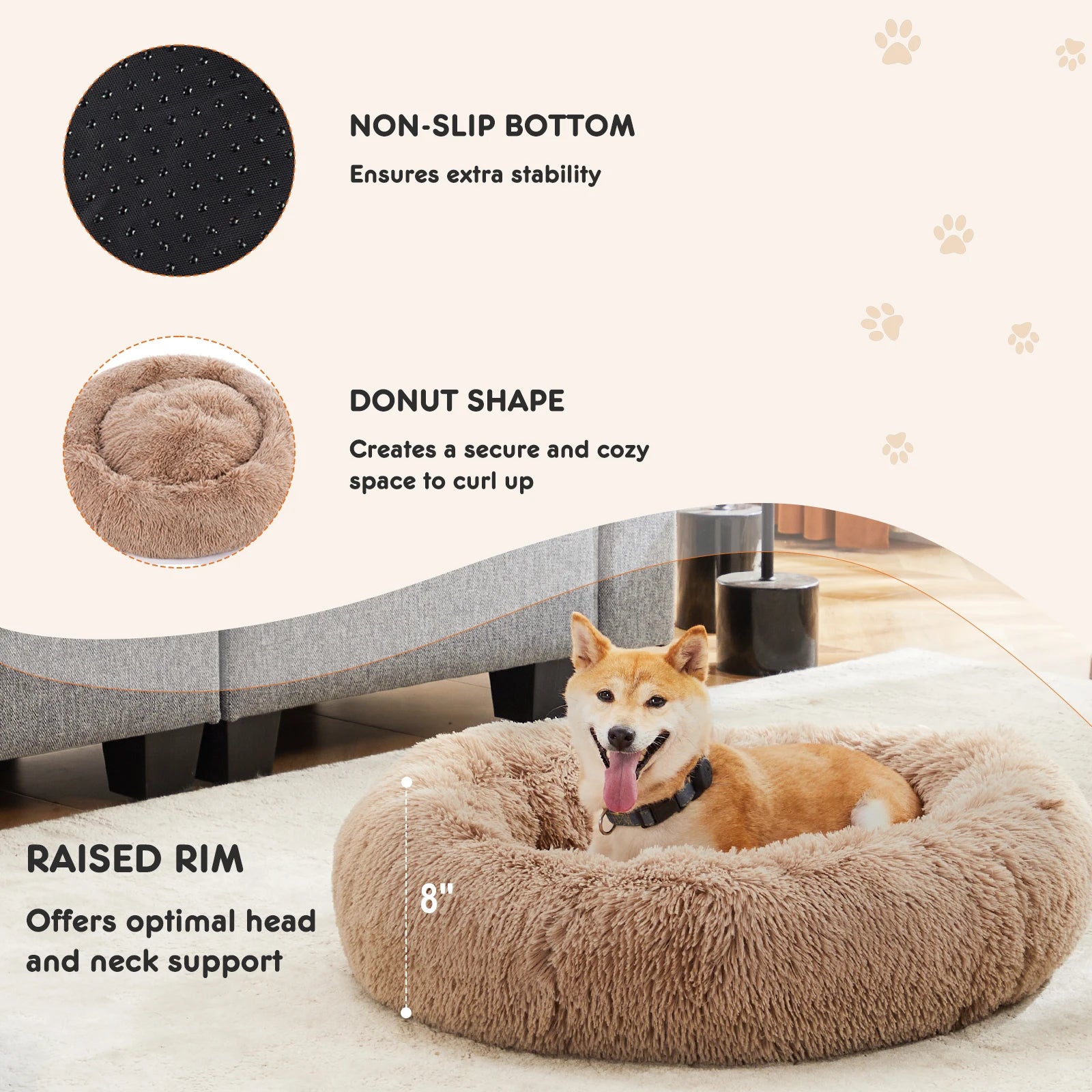 JHK Calming Dog Bed Washable Plush Faux Fur Cozy Comfort