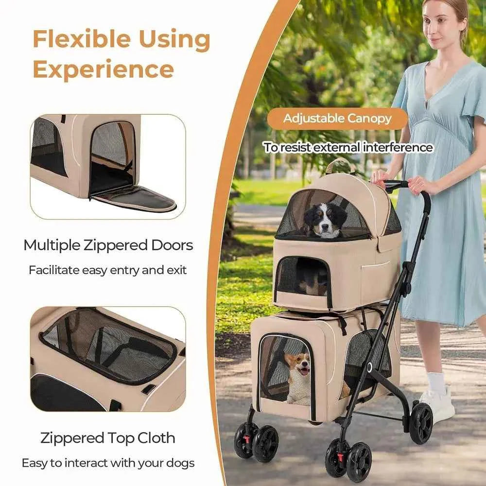 Double Dog Stroller or 2 Dogs, Detachable Carriers, Saety Belt, 4 Lockable Wheels, Pet Travel Carrier Strolling Cart, olding Cat