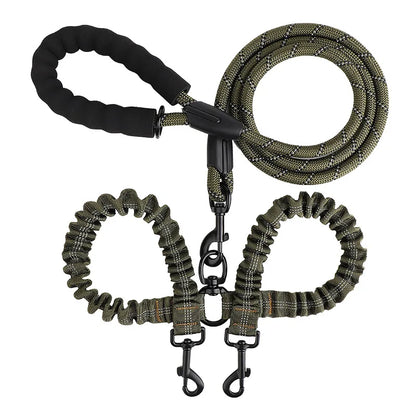 Pet Dog Double Leashes Elastic Rope Two Heads Nylon Two Dogs Collars Harness Leads Dog Leashes Dogs Leash Way Coupler Walk Two