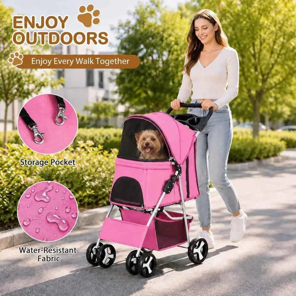 Pet Stroller 4 Wheels Dog Cat Stroller or Small Medium Dog Cats Carrier Jogger Travel oldable Puppy with Storage Basket and Cup