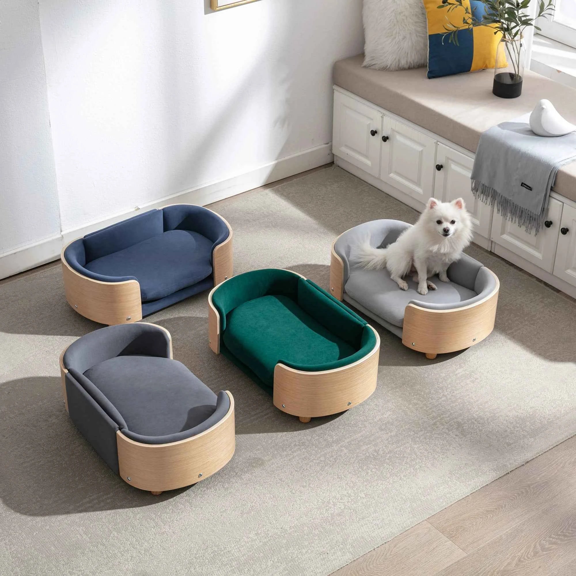 Modern Pet Sofa Bed with Wooden Frame and Soft Cushion, Raised Lounge Bed for Small Dogs and Cats