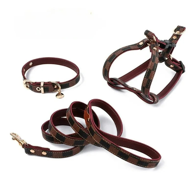 Vintage Plaid Lightweight Dog Harness Leash Collar Set For Small