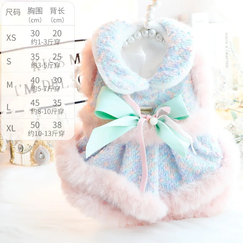Dog Fur Dress Autumn and Winter Thick Cat Princess Dress Colorful Plush Lace Coat Traction Small Dog Teddy Pet Top Puppy Clothes