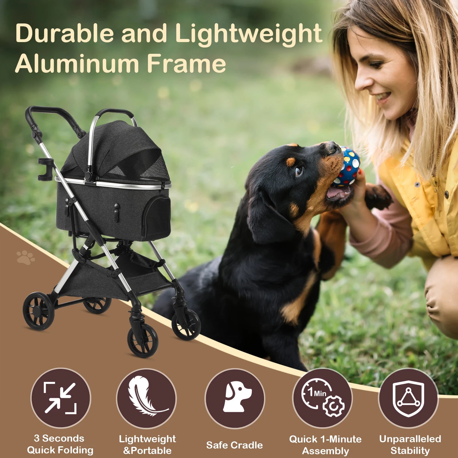 Portable Lightweight Pet Stroller for Medium Dogs - Smooth-Ride 3-in-1 Car Seat Combo with Detachable Carrier Rubber Wheels Quick-Folding for Seniors Cats up to 50 Lbs