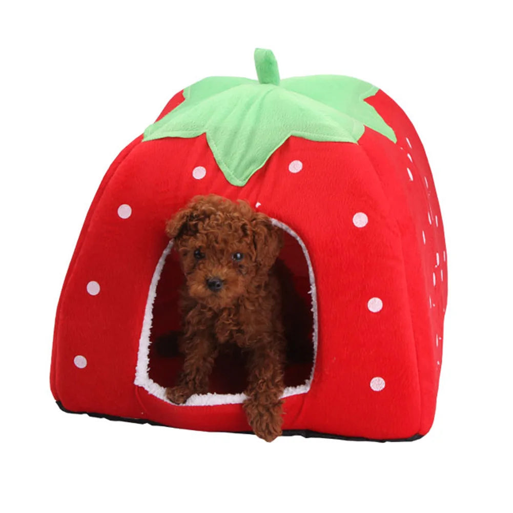 Strawberry Puppy Kennels Washable Pets Cave Sofa Half-Closed Fluffy Dogs Room Pets Sleeping Nest for Winter Indoor