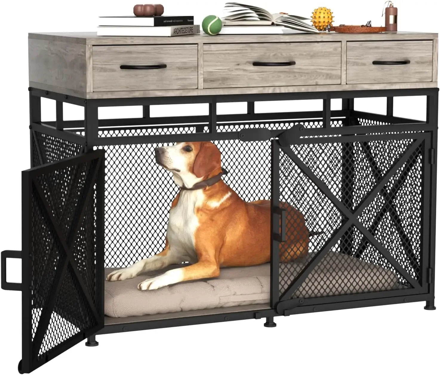 43.3 Inch Large Dogs Crate, Wooden Dogs Kennels with Drawers, Heavy Duty Dogs Crate Furniture-Style Indoor, Decorative Dog Cage