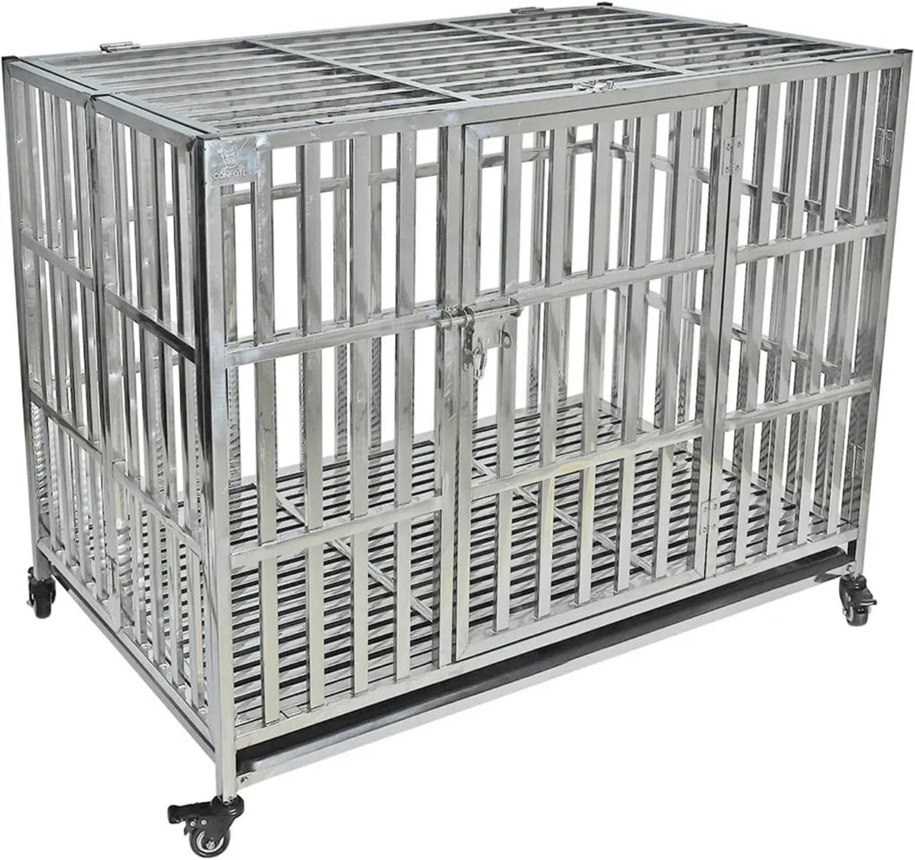 Stackable Stainless Steel Dog Crate Heavy Duty Pet Kennel Foldable Indestructible Dog Cage Playpen with Lockable Rolling Wheels