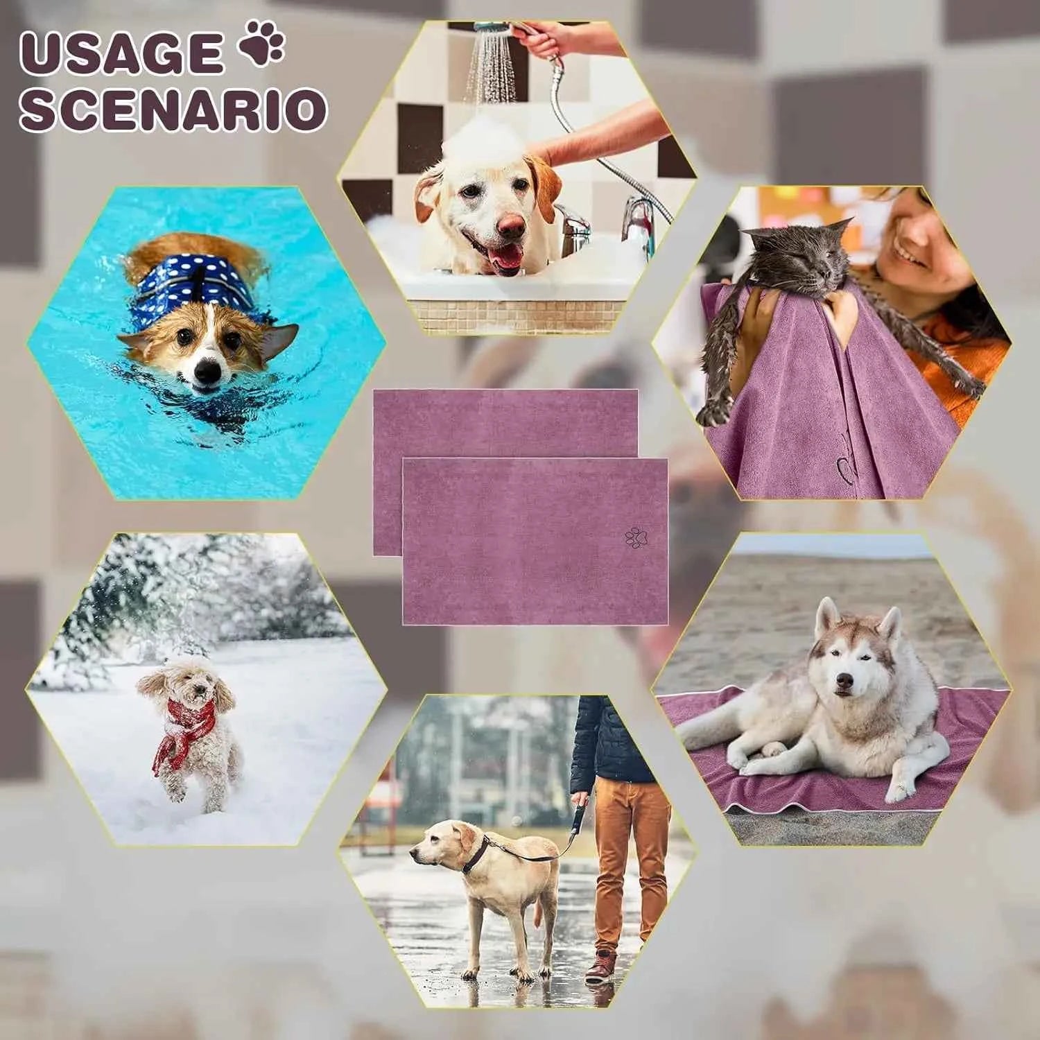 Pet Drying Towel for Dogs & Cats, Ultra-Absorbent Microfiber Bath Towel with Paw Print, Soft Quick Dry Shammy Towel for Puppy