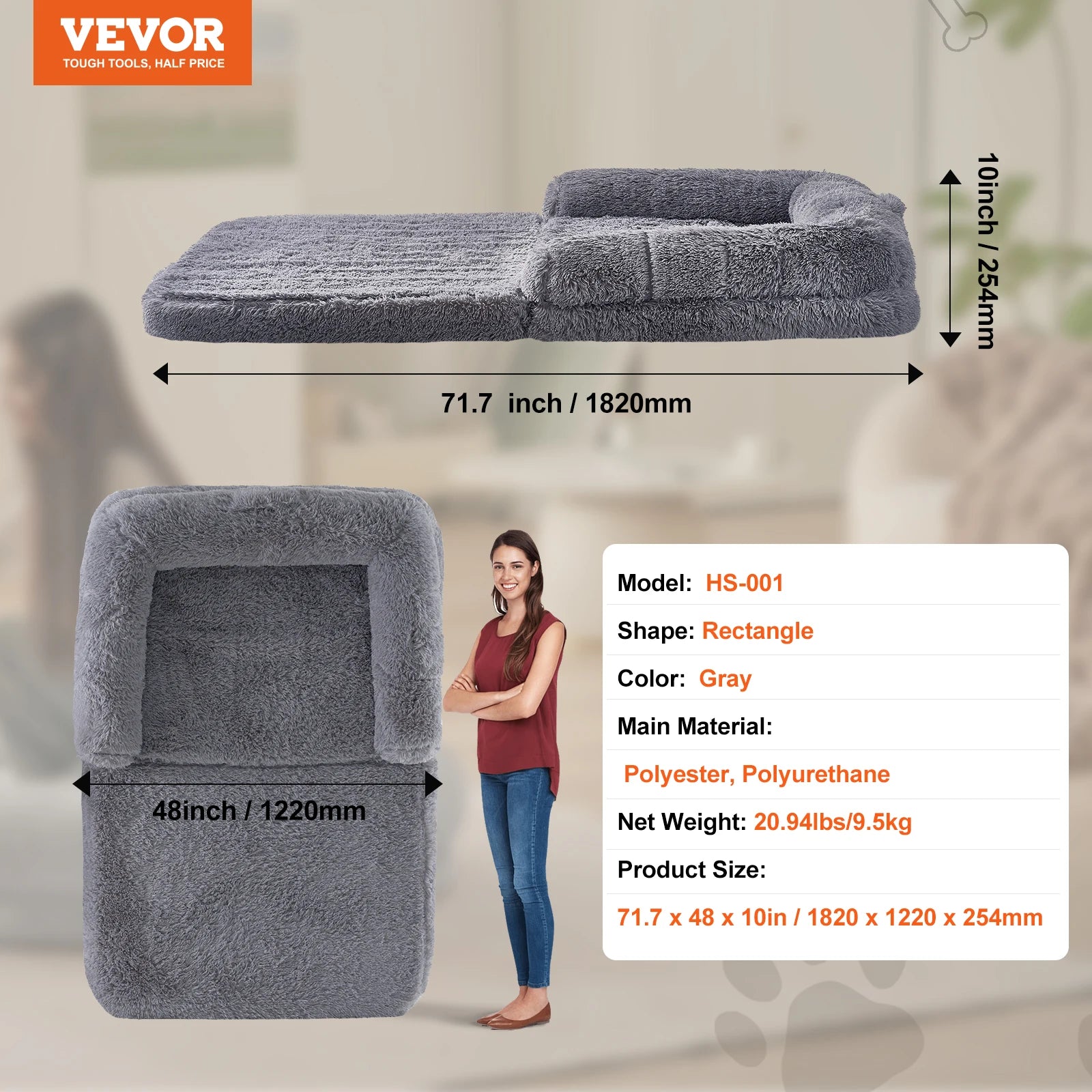 SucceBuy Human Dog Bed Human Dog Bed for Adult Human Size Dog Bed with Washable Faux Rabbit Fur Cover Egg Orthopedic Foam Grey