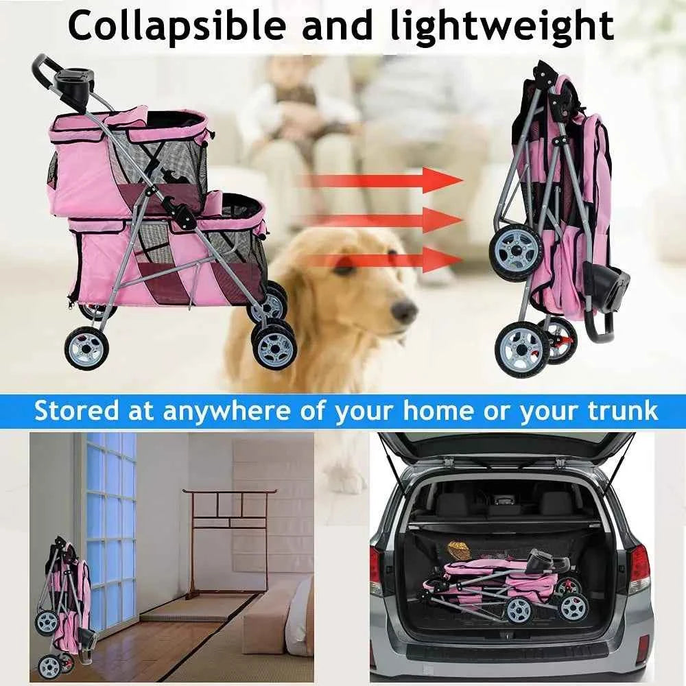 Double Pet Stroller or Small Medium Dogs, 4 Wheels olding Travel Carrier Cage with Cup Holder or 2 De Puppy Or Two Kitty, Pink