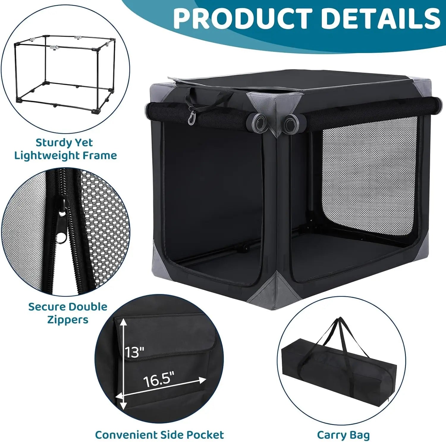 Collapsible Dog Crate, 36/42" Outdoor Travel Dog Crate, Portable Fabric Cover Kennel by Iron Pipe Dog Crate w/4 Mesh Windows