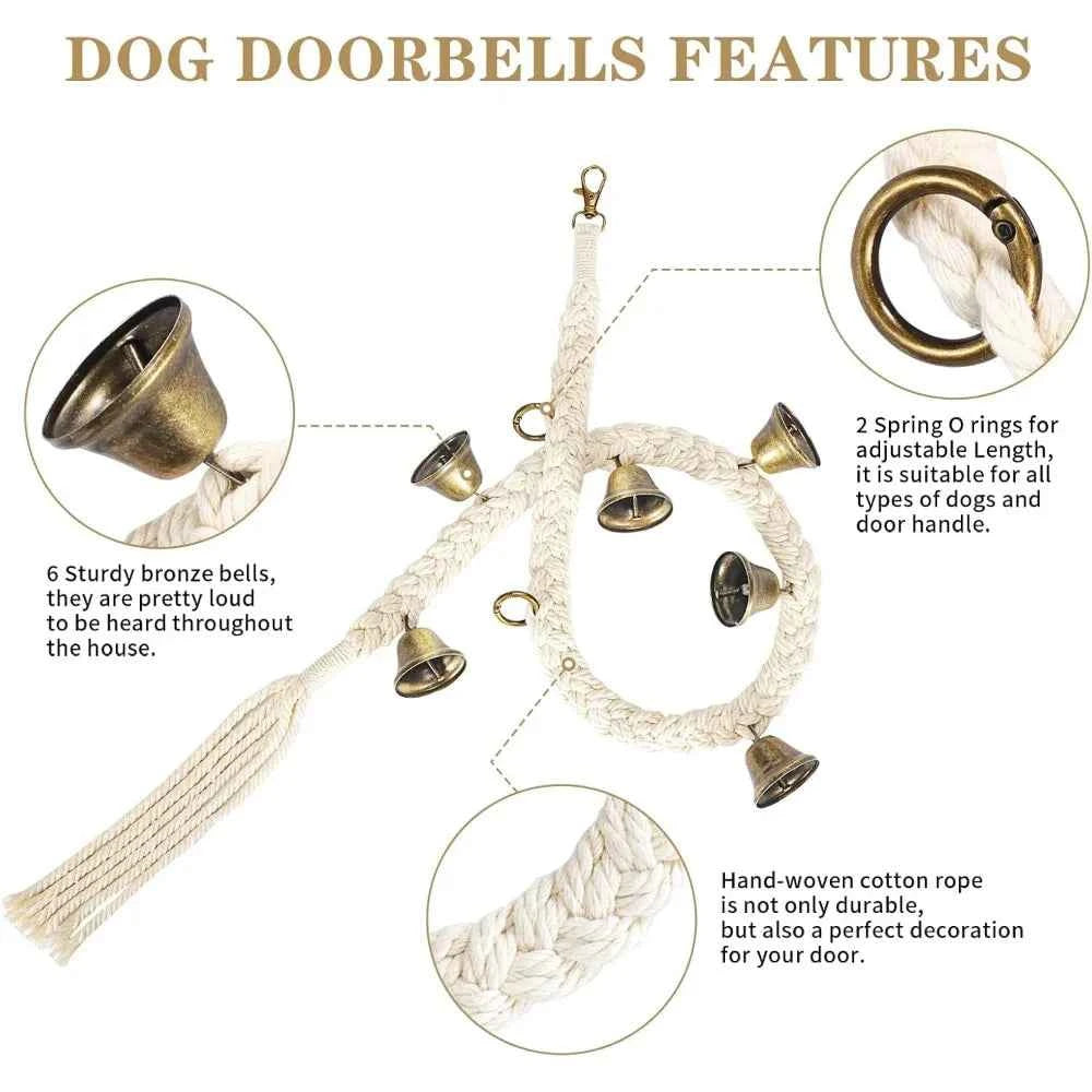 Dog Bell for Door Potty Training, Cotton Handwoven Dog Doorbell with 6 Extra Loud Bells for Dog Training, Adjustable Hanging Door Bell for Small Medium Large Dogs to Ring to Go Outside, Beige