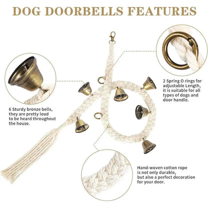 Dog Bell for Door Potty Training, Cotton Handwoven Dog Doorbell with 6 Extra Loud Bells for Dog Training, Adjustable Hanging Door Bell for Small Medium Large Dogs to Ring to Go Outside, Beige