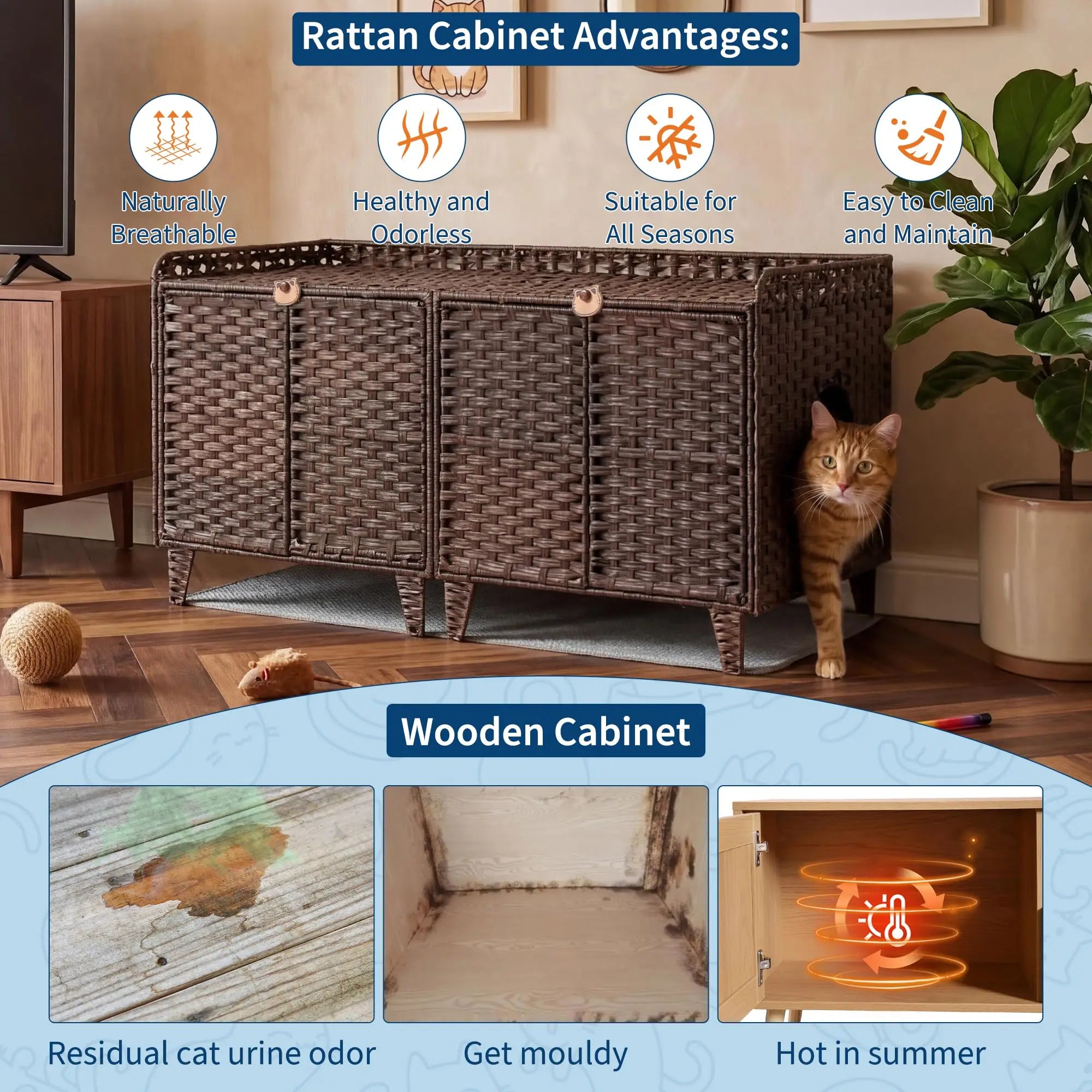 Large Rattan Litter Box Enclosure For 2 Cats, Hidden Cat Furniture With 2 Doors, Litter Mat & Hooks, 47.2" Cat House