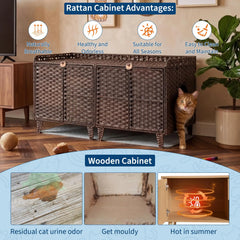 Large Rattan Litter Box Enclosure For 2 Cats, Hidden Cat Furniture With 2 Doors, Litter Mat & Hooks, 47.2" Cat House