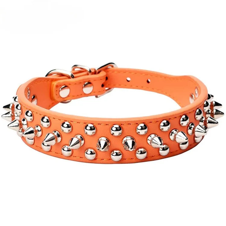 NONECN Adjustable Leather Dog Collar With Rivet Spiked Design