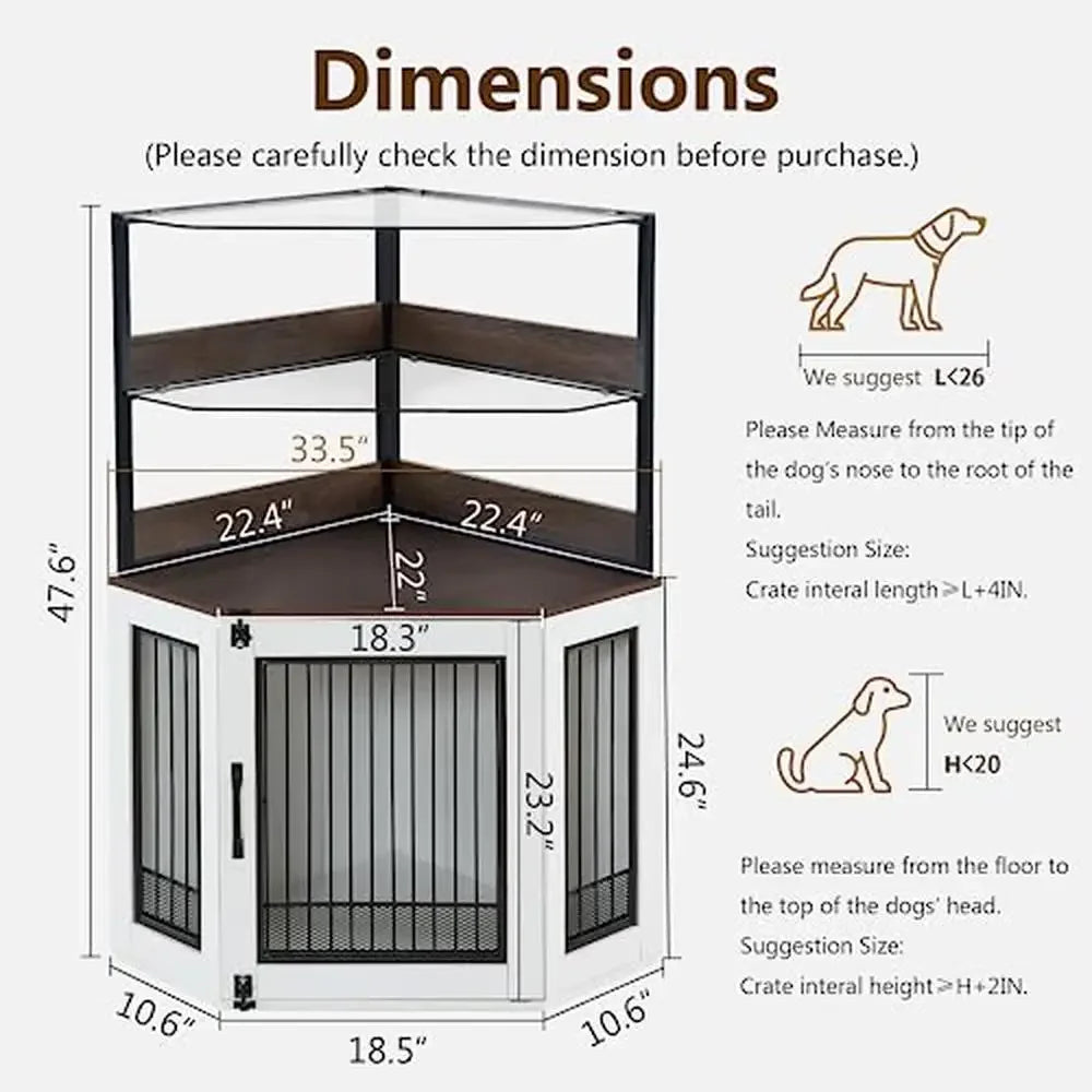 Wooden Corner Dog Crate Furniture Glass Shelves Kennel Pet Indoor CN17 White Brown Display Cabinet Safe Anti-Tip Straps Locks