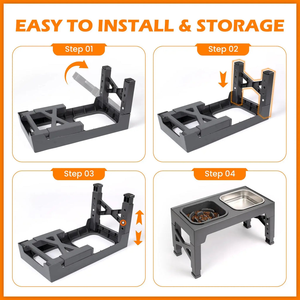 Dual Elevated Slow Feeder Dog Bowls With Foldable Stand