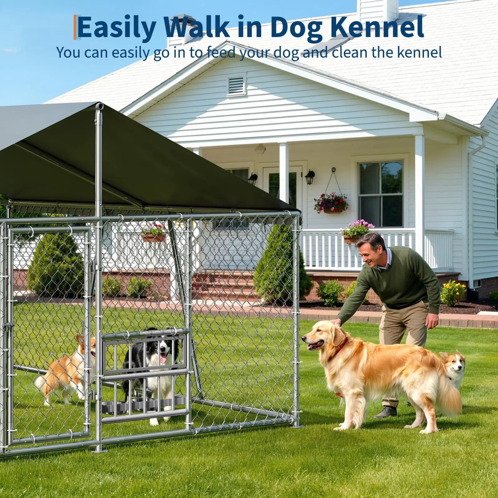 10x10x5.9FT Outside Dog Enclosure With PE Waterproof Roof, 360° Feeding Door, Heavy Duty Lockable Galvanized Kennel