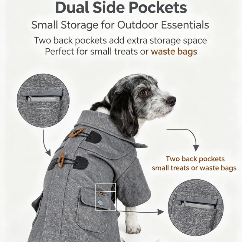 Static Rivited Fashion Collared Wool Pet Coat,Vintage Horn Button Wool Blend Dog Coat Thick Warm Two‑leg Pet Jacket Turn‑down Collar Pocket Design Windproof Cold‑Resistant Outfit for Medium Small Dogs Autumn Winter Outd