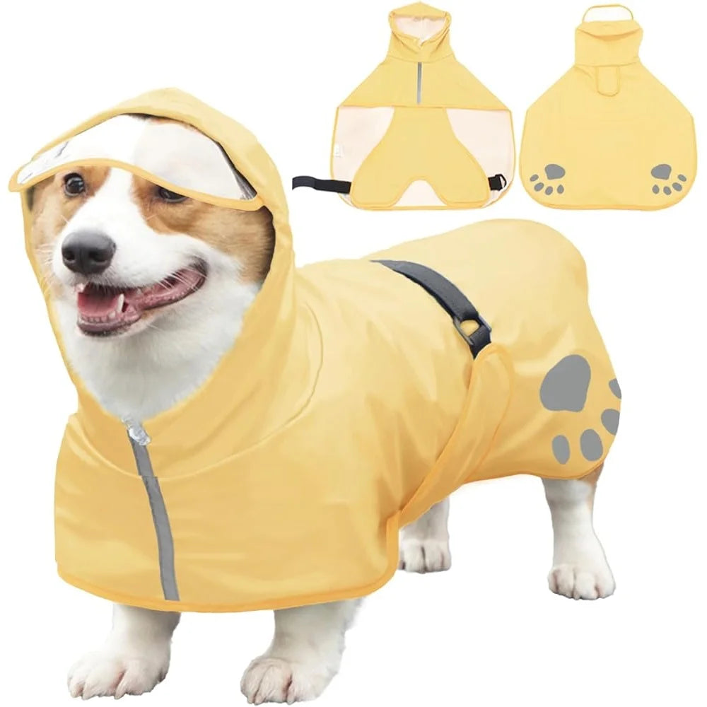 Dog Raincoat Hooded Reflective Slicker Lightweight Waterproof Pet Jacket Adjustable Belly Strap Leash Hole Outdoor Activities